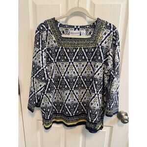 Alfred Dunner XL Blue Yellow Top 3/4 Sleeve Stud Detail At Square Neck Stretch
